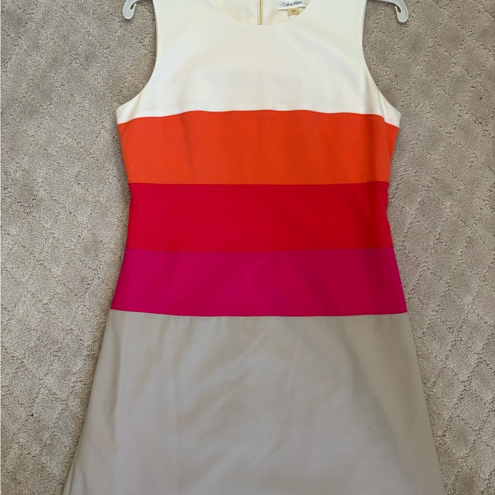 Calvin Klein Colorblock Dress Sleeveless Crew Neck Pink Orange White Size 8